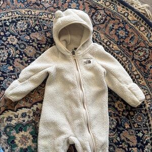 The North Face Cream Sherpa Hooded Baby One-Piece Romper with Ears bunting